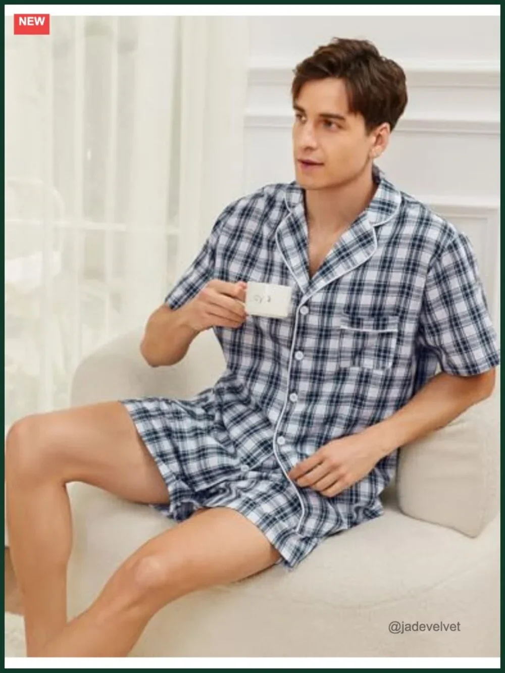 Cotton Pajama Set Short Sleeve Button Down Lounge Set Plaid Sleepwear